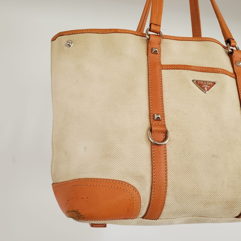 Prada Beige Canvas and Orange Leather TrimTote Bag - Picture 3 of 16